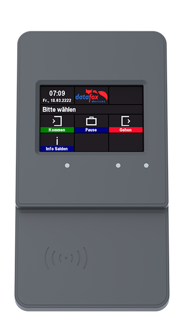 Datafox Terminal EVO 3.5 Pure – kompaktes Zeiterfassungsterminal mit 3,5-Zoll-Touchdisplay, Transponder- und Fingerprint-Funktionen für moderne Arbeitszeiterfassung.