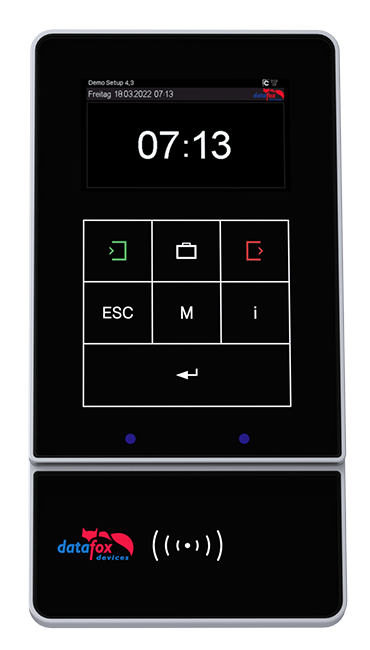 Datafox Terminal EVO 4.3 Flex – hochwertiges Zeiterfassungsterminal mit 4,3-Zoll-Glas-Touchdisplay, Aluminiumrahmen und flexiblen Identifikationsmethoden für moderne Arbeitszeiterfassung.