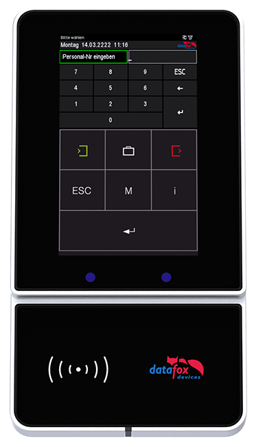 Datafox EVO 5.0 Flex – kompaktes Premium-Zeiterfassungsterminal mit 5-Zoll-Farbdisplay, Aluminiumrahmen, Echtglasfront und flexibel belegbaren Glastouch-Tasten.
