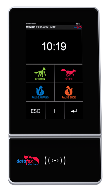 Datafox Terminal EVO 7.0 Flex – großes 7-Zoll-Zeiterfassungsterminal mit kapazitivem Glas-Touchdisplay, Aluminiumrahmen und vielseitigen Identifikationsmethoden für moderne Arbeitszeiterfassung.